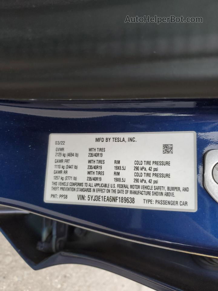 2022 Tesla Model 3  Blue vin: 5YJ3E1EA6NF189638