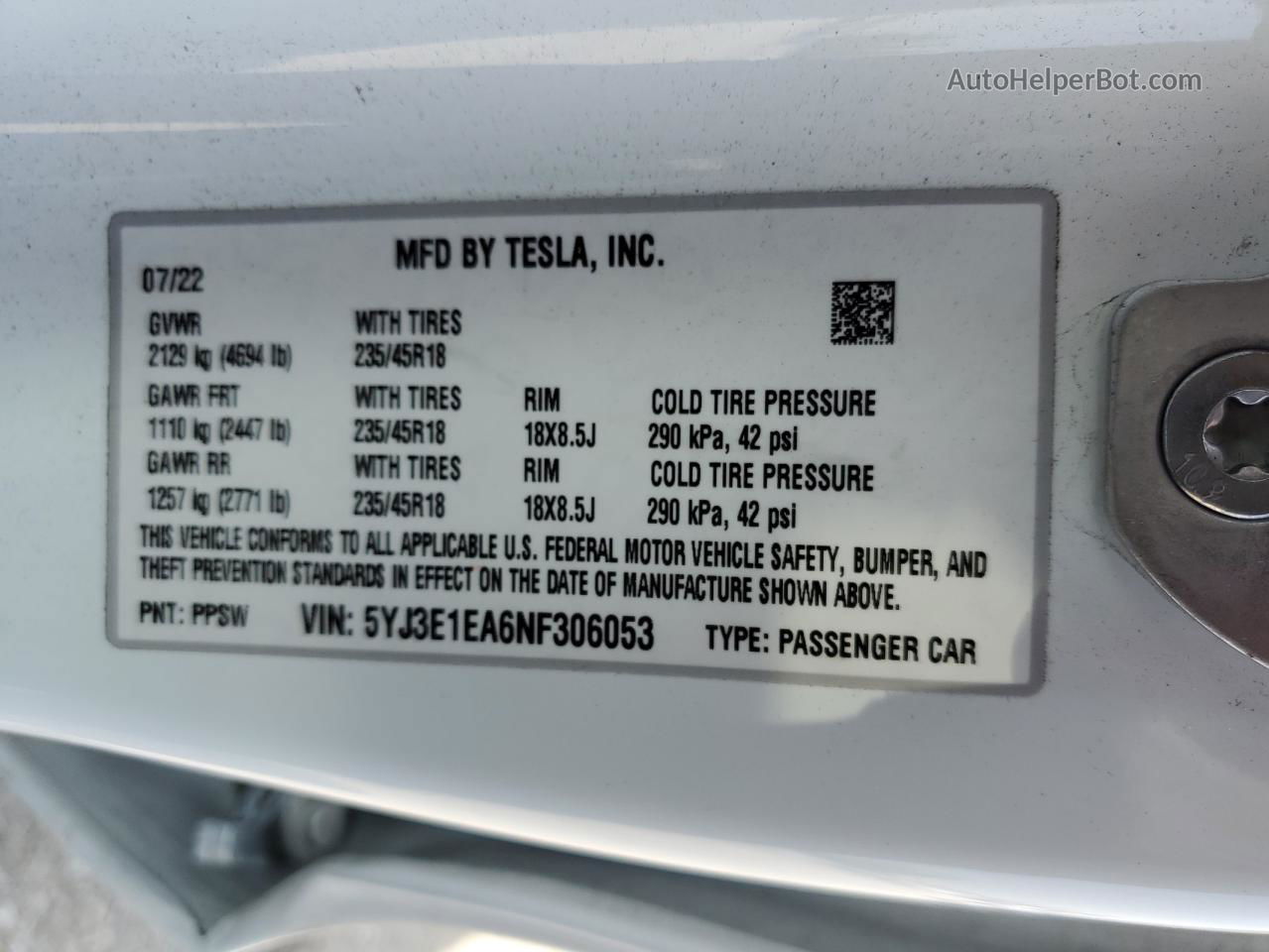 2022 Tesla Model 3  White vin: 5YJ3E1EA6NF306053