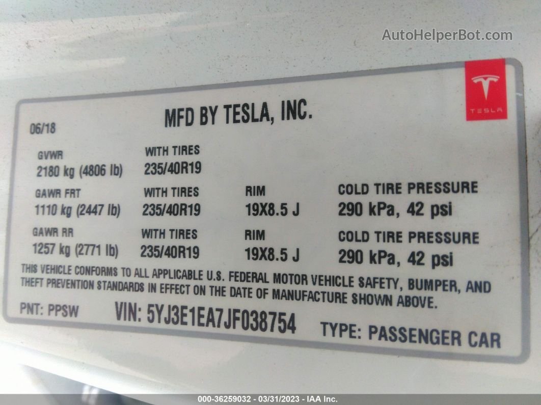 2018 Tesla Model 3 Range Battery Белый vin: 5YJ3E1EA7JF038754