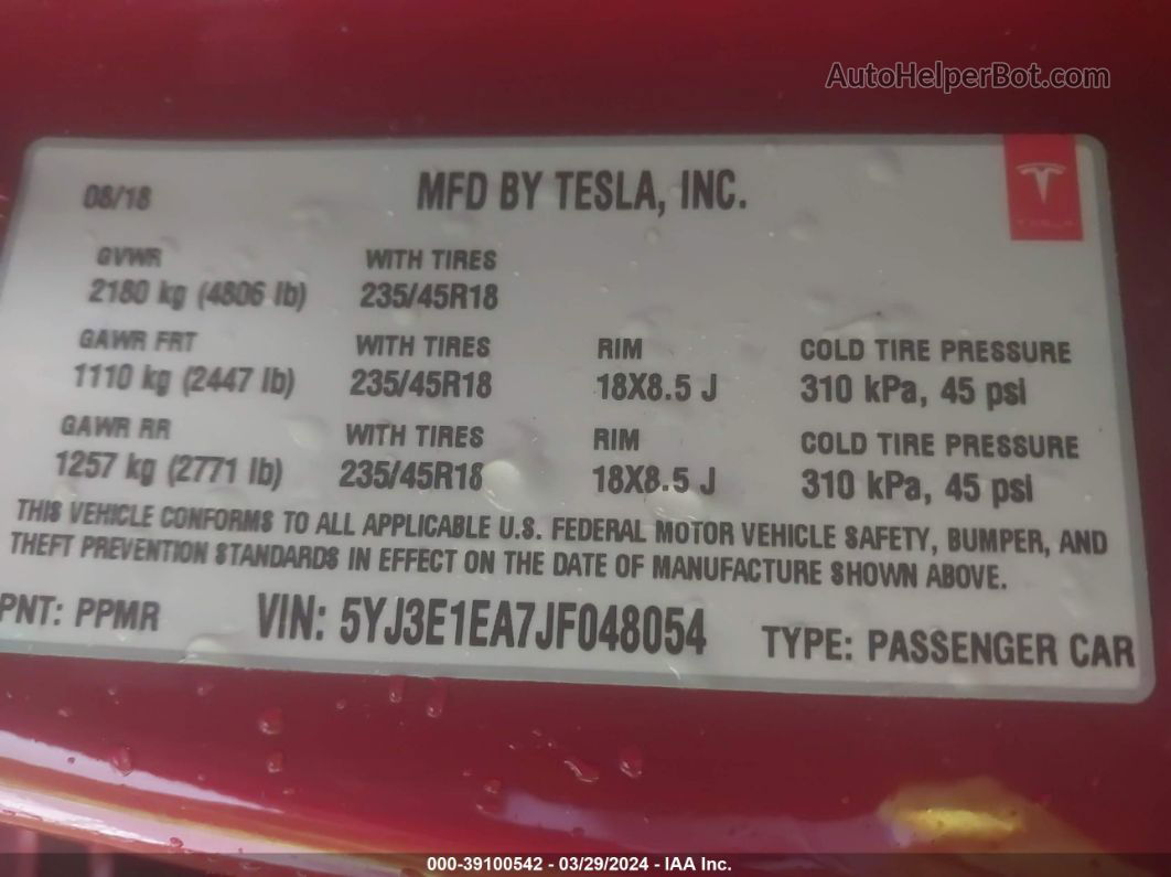 2018 Tesla Model 3 Long Range/mid Range Red vin: 5YJ3E1EA7JF048054