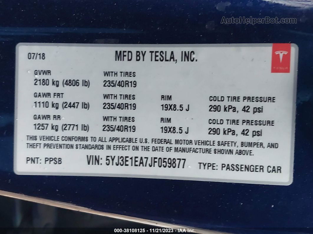 2018 Tesla Model 3 Mid Range/long Range Blue vin: 5YJ3E1EA7JF059877