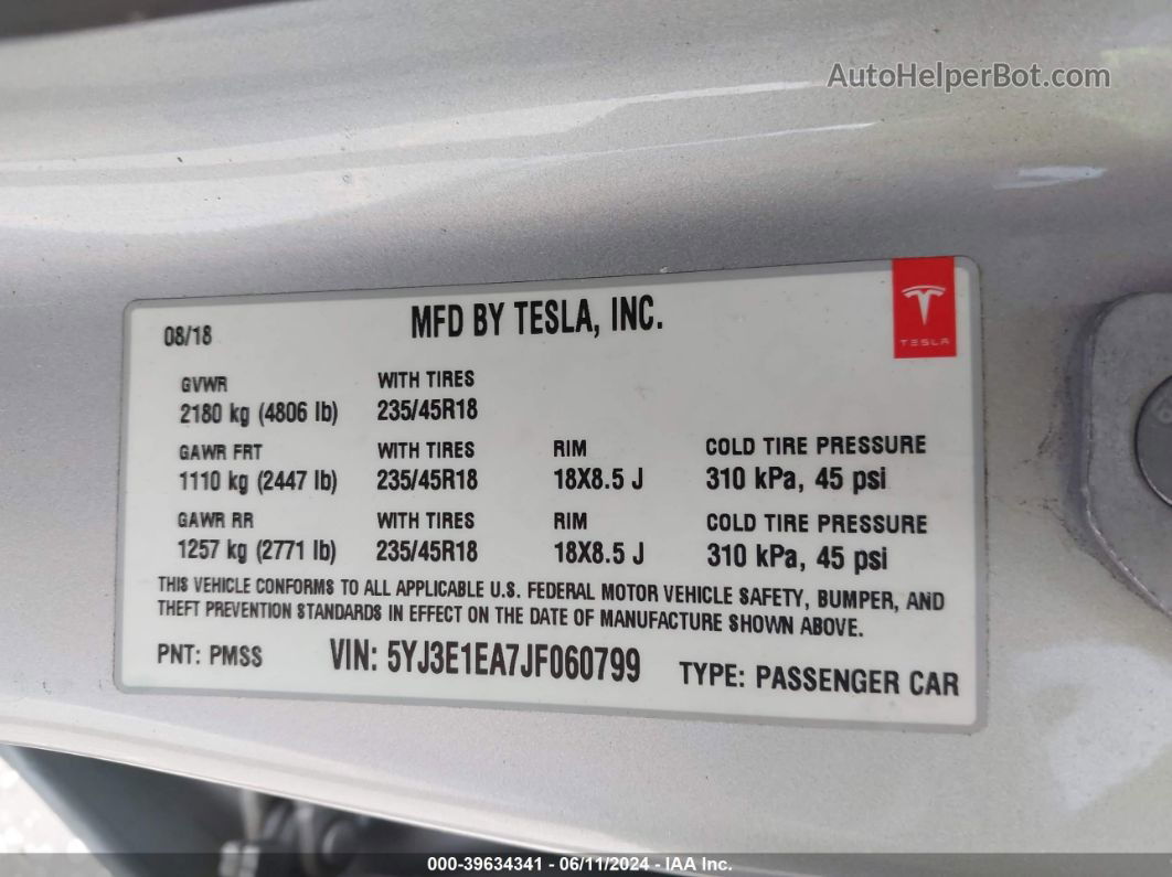 2018 Tesla Model 3 Long Range/mid Range Silver vin: 5YJ3E1EA7JF060799