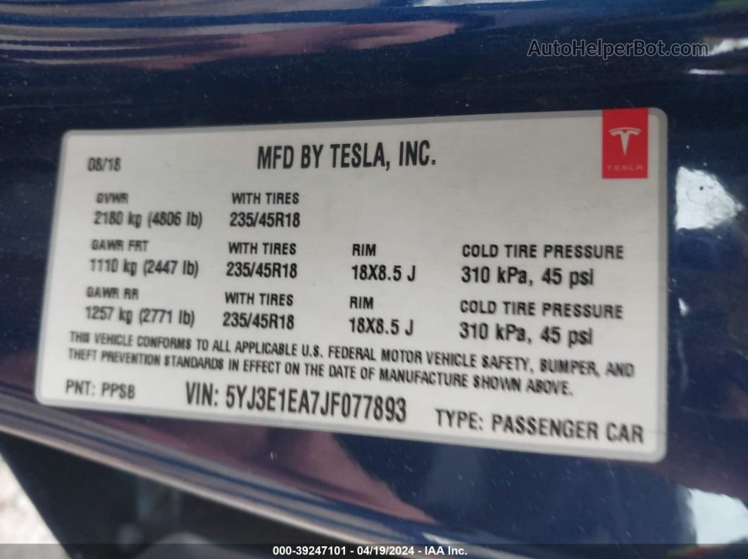 2018 Tesla Model 3 Long Range/mid Range Синий vin: 5YJ3E1EA7JF077893