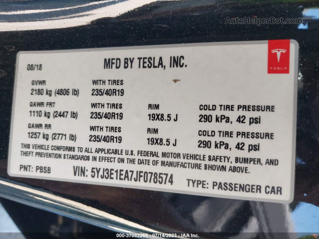 2018 Tesla Model 3 Range Battery Black vin: 5YJ3E1EA7JF078574