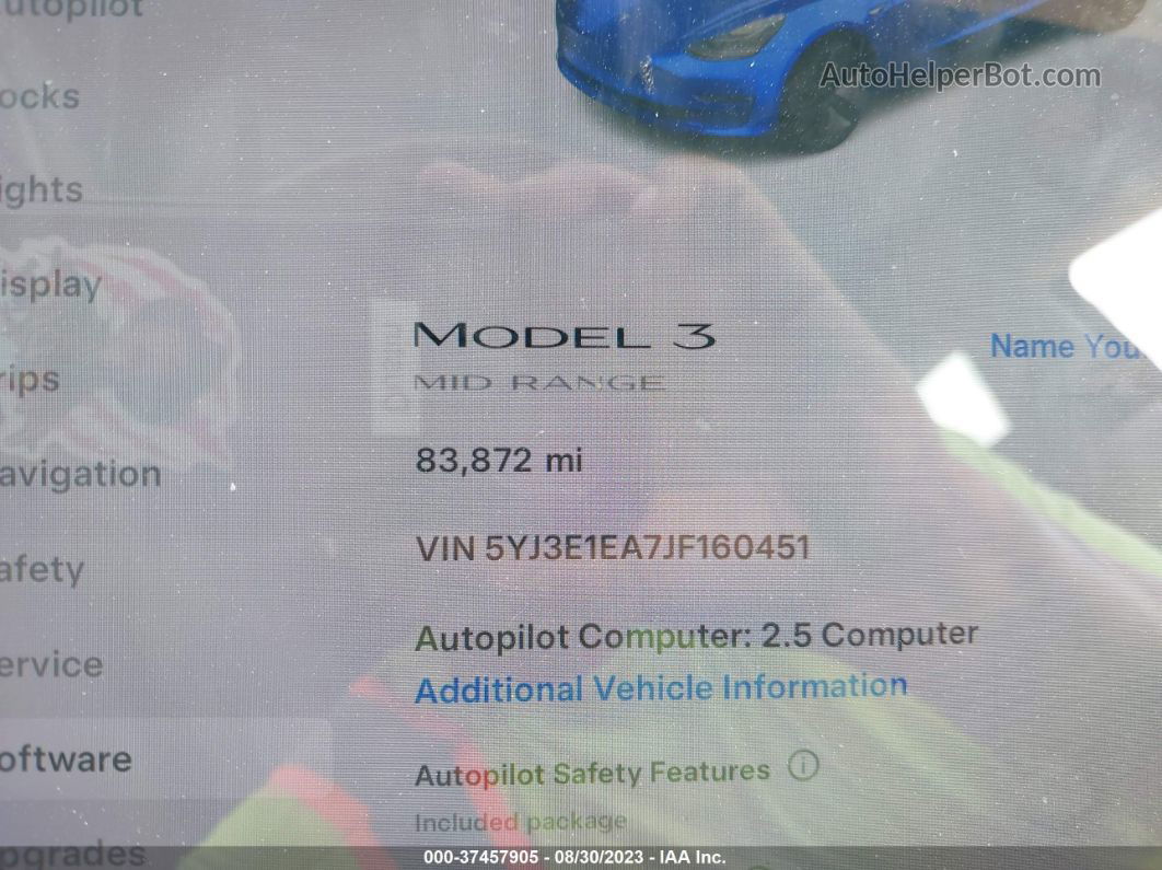 2018 Tesla Model 3 Range Battery Blue vin: 5YJ3E1EA7JF160451