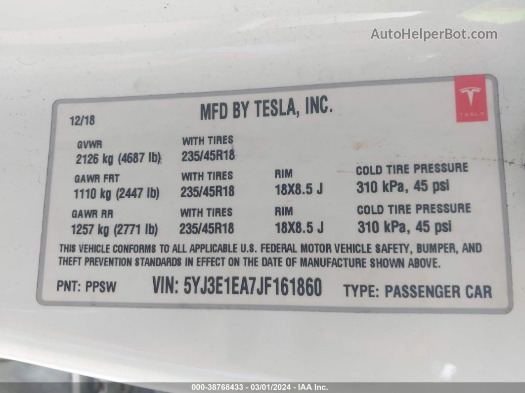 2018 Tesla Model 3 Long Range/mid Range White vin: 5YJ3E1EA7JF161860