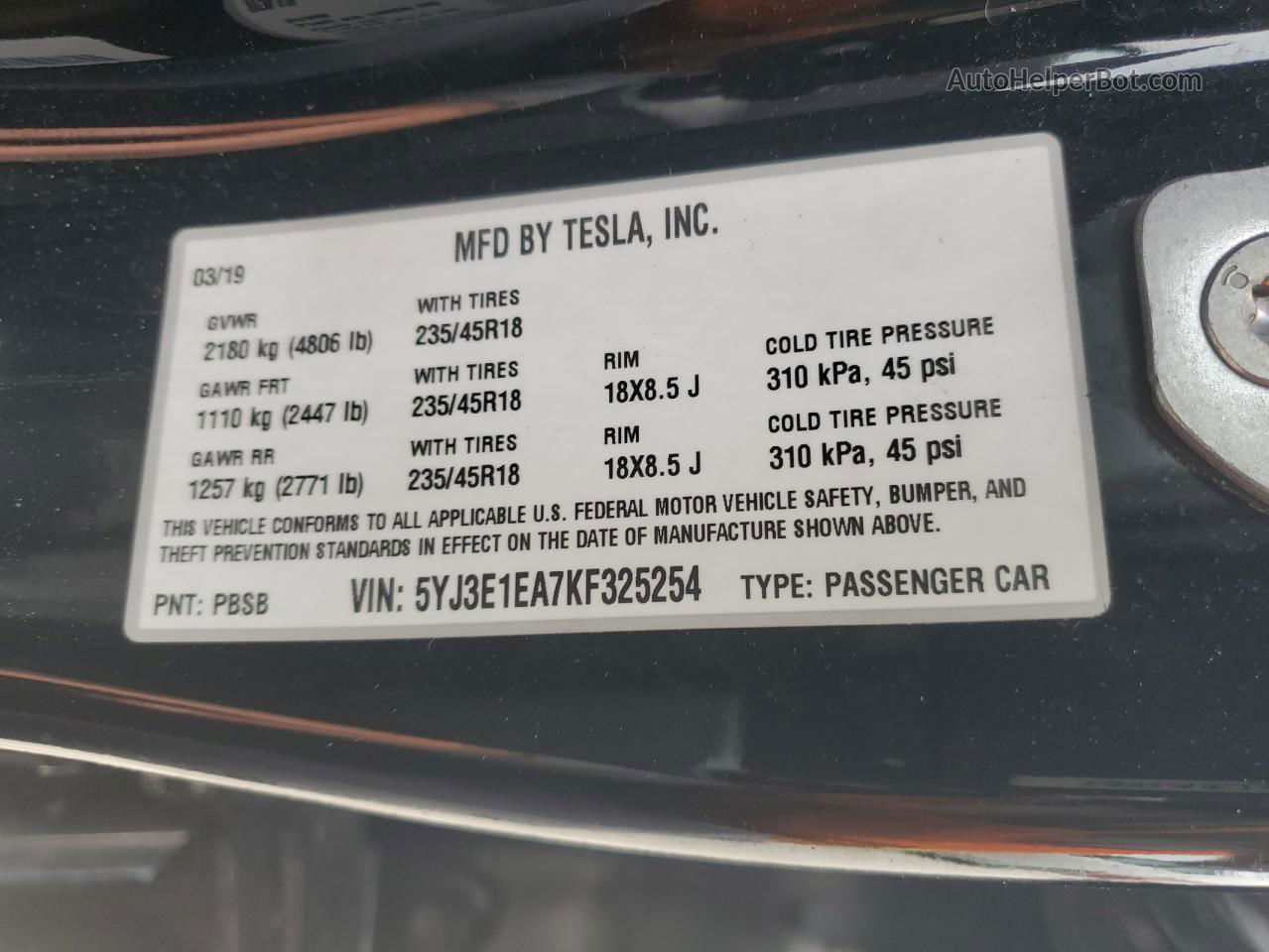 2019 Tesla Model 3  Black vin: 5YJ3E1EA7KF325254