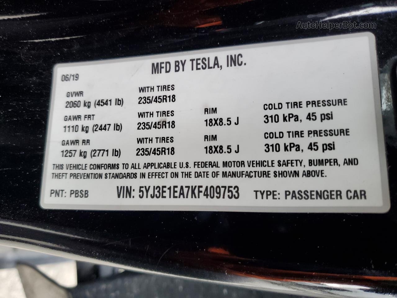 2019 Tesla Model 3  Черный vin: 5YJ3E1EA7KF409753