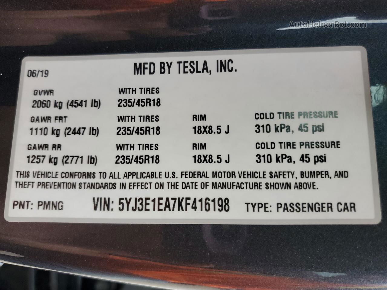 2019 Tesla Model 3  Gray vin: 5YJ3E1EA7KF416198