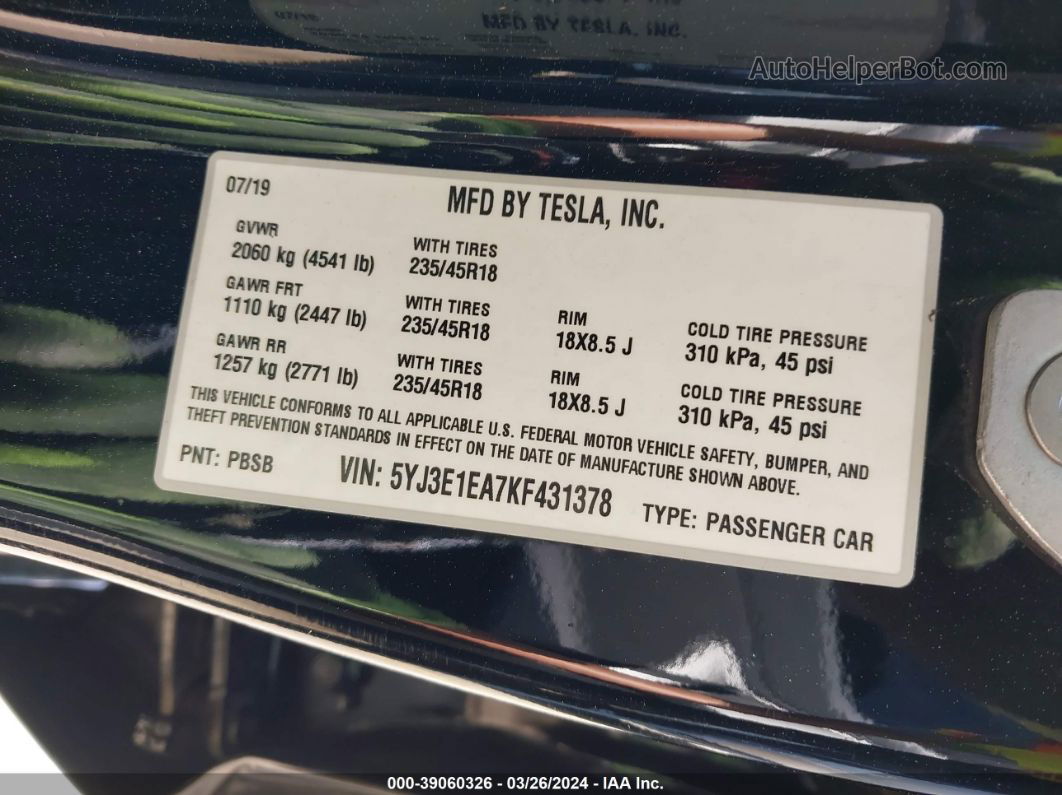 2019 Tesla Model 3 Long Range/mid Range/standard Range/standard Range Plus Black vin: 5YJ3E1EA7KF431378
