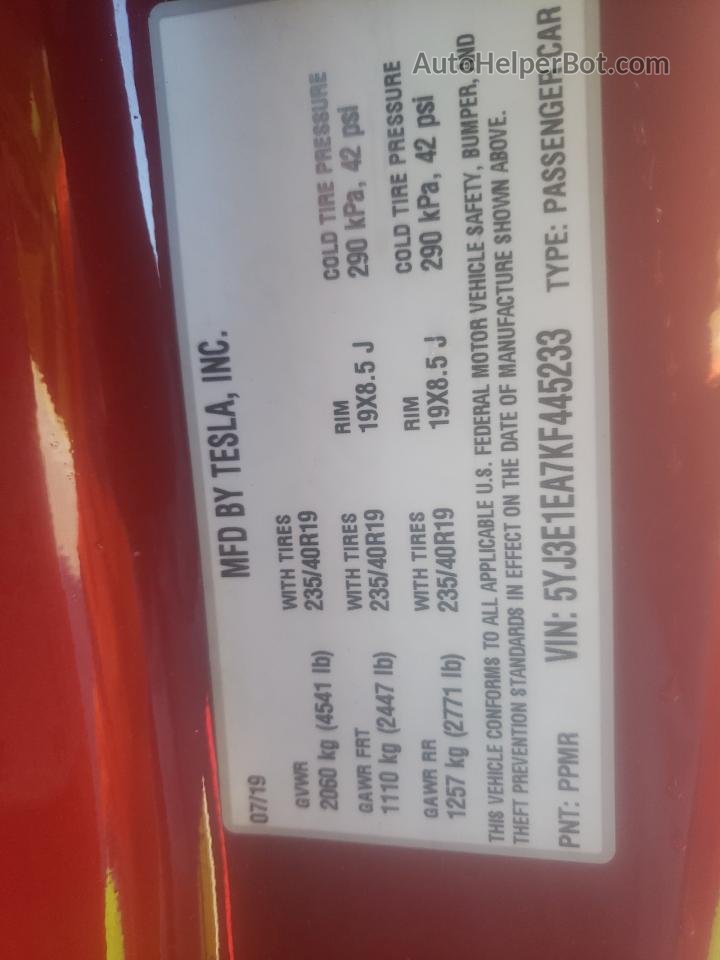2019 Tesla Model 3  Красный vin: 5YJ3E1EA7KF445233