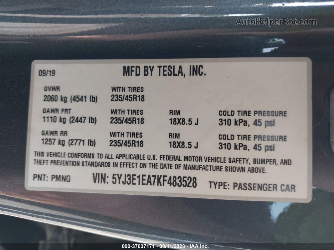 2019 Tesla Model 3 Range Gray vin: 5YJ3E1EA7KF483528