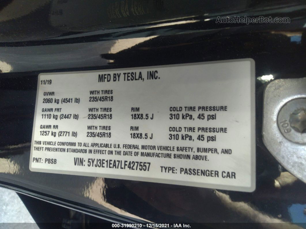 2020 Tesla Model 3 Standard Range Black vin: 5YJ3E1EA7LF427557