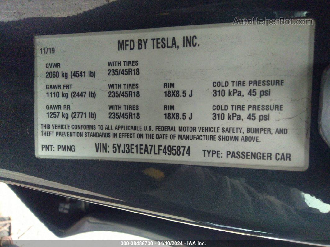 2020 Tesla Model 3   Gray vin: 5YJ3E1EA7LF495874