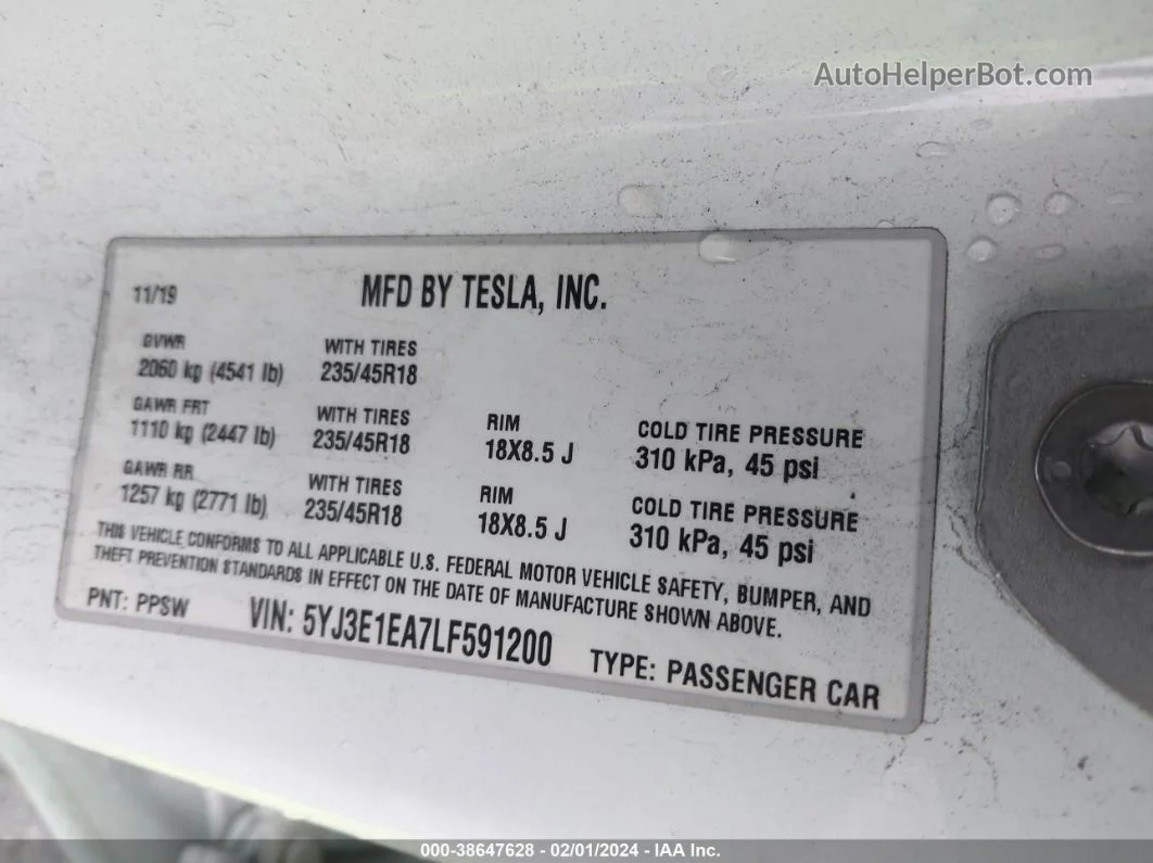 2020 Tesla Model 3 Standard Range Plus Rear-wheel Drive/standard Range Rear-wheel Drive White vin: 5YJ3E1EA7LF591200