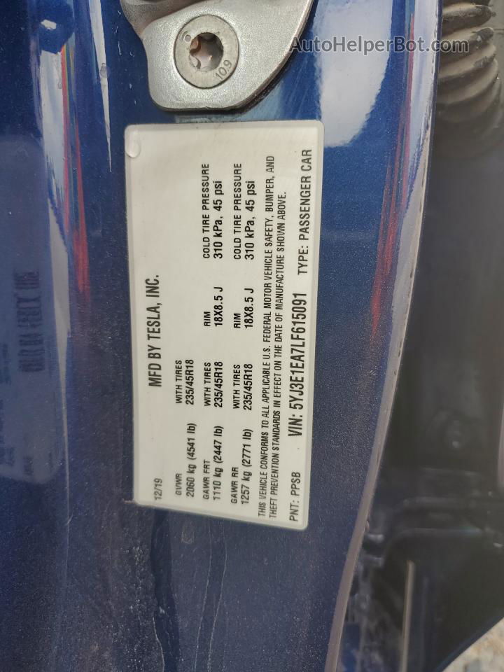 2020 Tesla Model 3  Blue vin: 5YJ3E1EA7LF615091