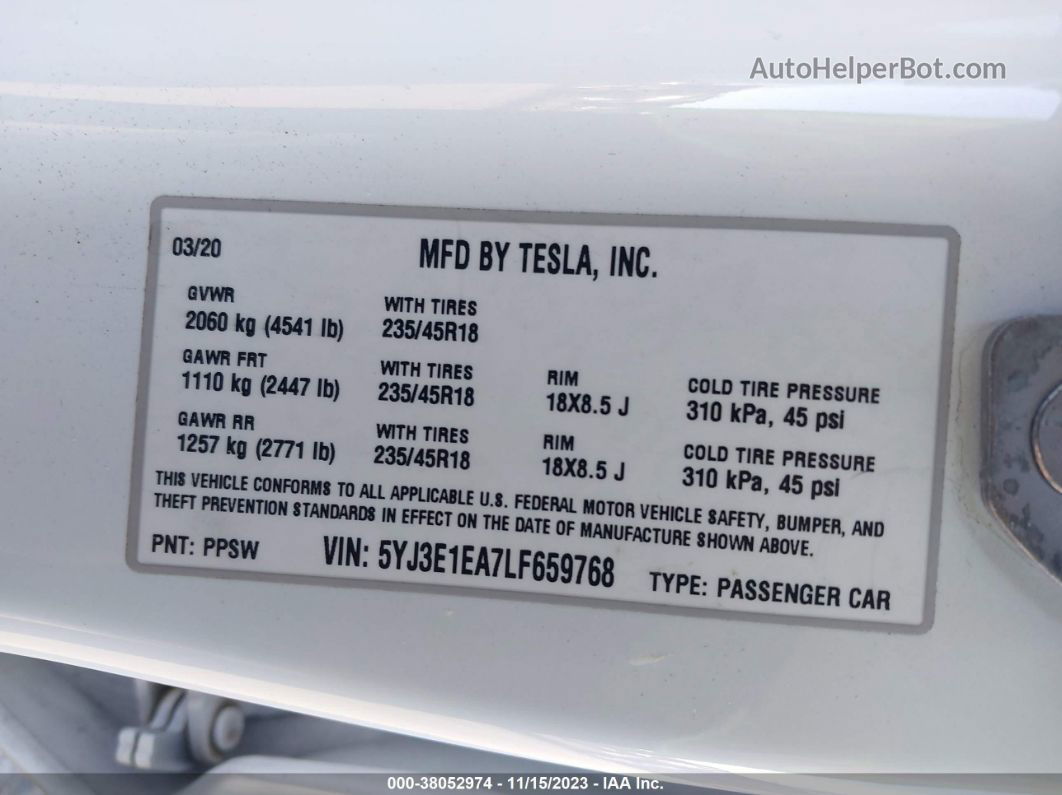 2020 Tesla Model 3 Standard Range Plus Rear-wheel Drive/standard Range Rear-wheel Drive Белый vin: 5YJ3E1EA7LF659768