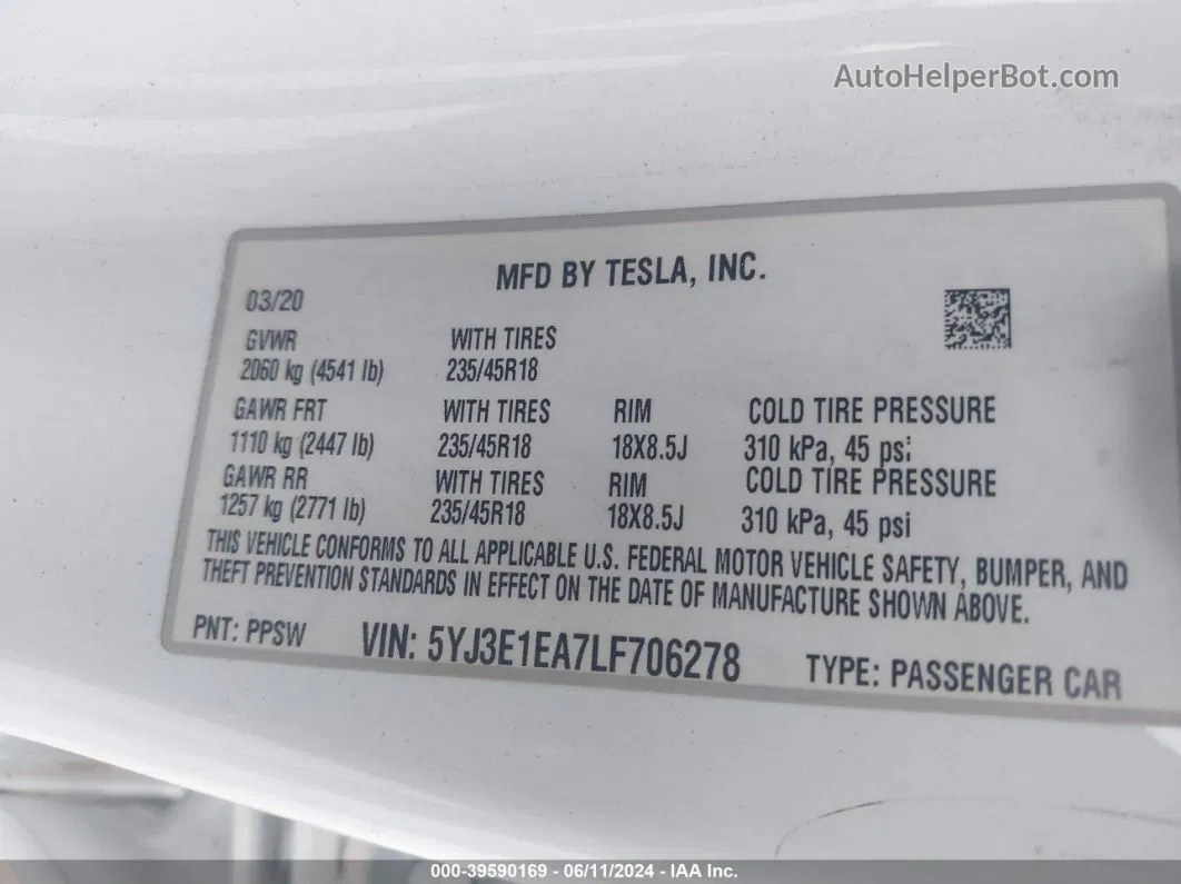 2020 Tesla Model 3 Standard Range Plus Rear-wheel Drive/standard Range Rear-wheel Drive White vin: 5YJ3E1EA7LF706278