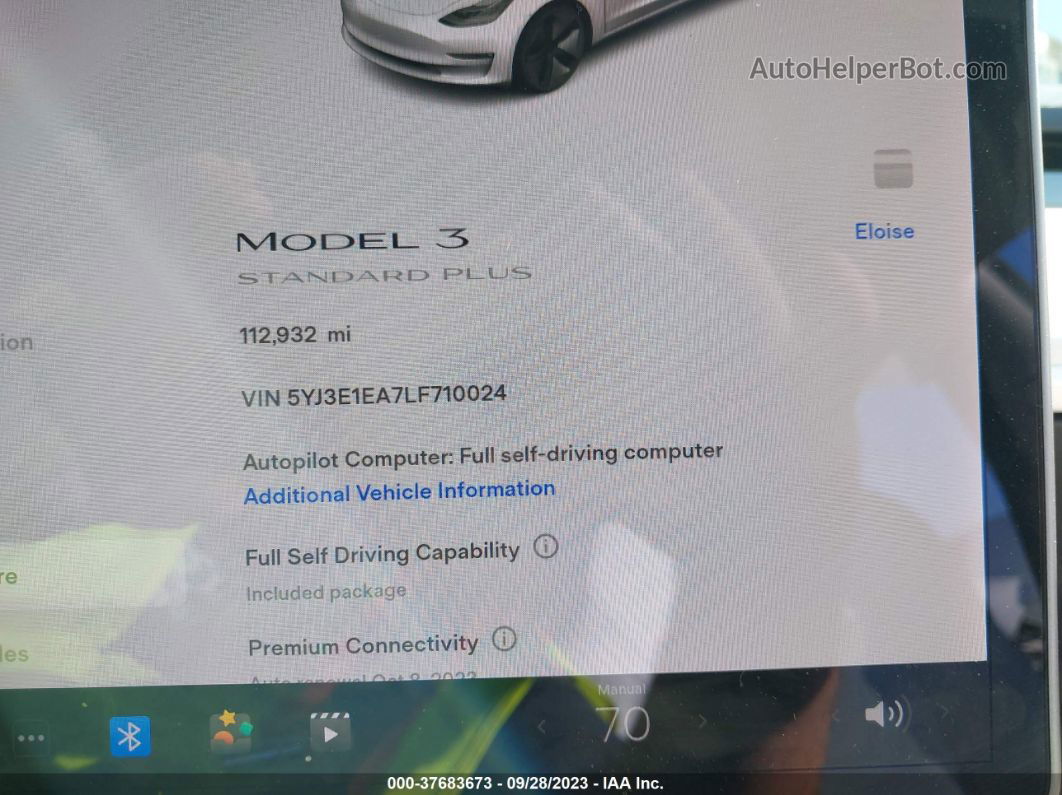 2020 Tesla Model 3 Standard Range Plus Rear-wheel Drive/standard Range Rear-wheel Drive Белый vin: 5YJ3E1EA7LF710024