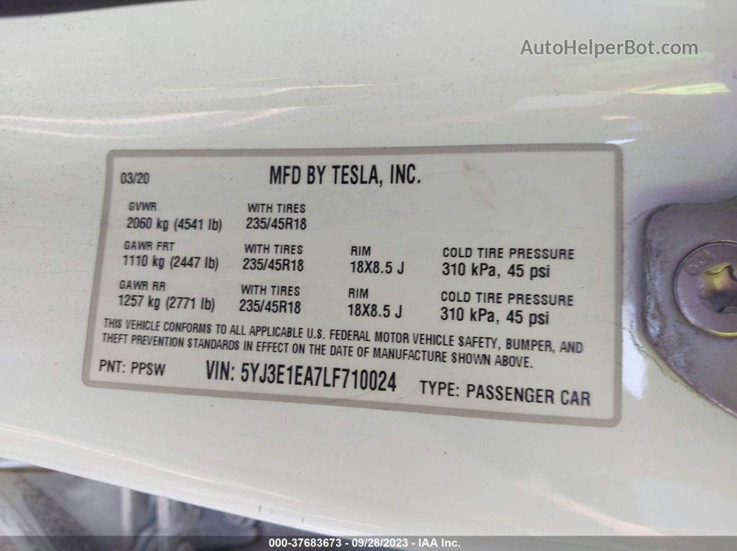 2020 Tesla Model 3 Standard Range Plus Rear-wheel Drive/standard Range Rear-wheel Drive White vin: 5YJ3E1EA7LF710024