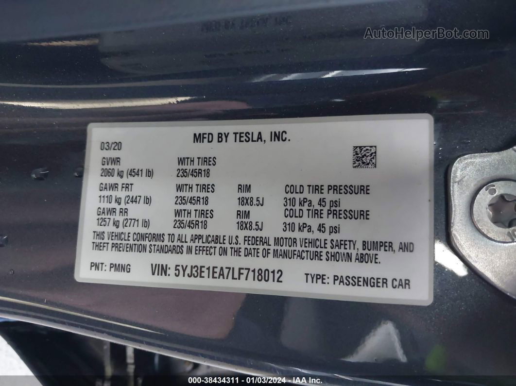 2020 Tesla Model 3 Standard Range Plus Rear-wheel Drive/standard Range Rear-wheel Drive Серый vin: 5YJ3E1EA7LF718012