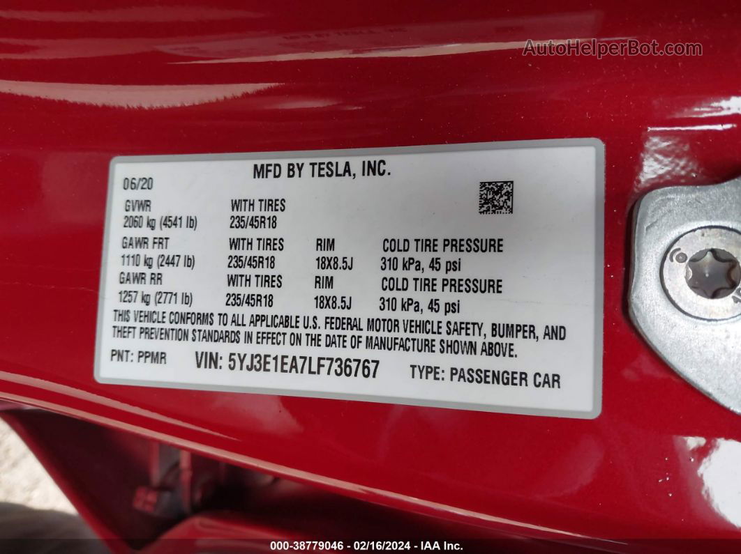 2020 Tesla Model 3 Standard Range Plus Rear-wheel Drive/standard Range Rear-wheel Drive Red vin: 5YJ3E1EA7LF736767