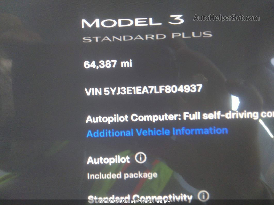 2020 Tesla Model 3 Standard Range Plus Rear-wheel Drive/standard Range Rear-wheel Drive Blue vin: 5YJ3E1EA7LF804937