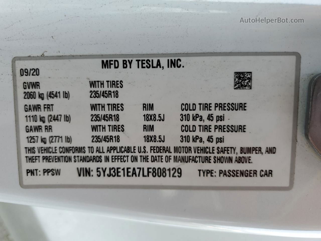 2020 Tesla Model 3  White vin: 5YJ3E1EA7LF808129