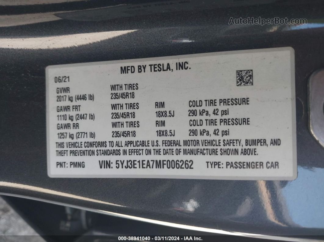 2021 Tesla Model 3 Standard Range Plus Rear-wheel Drive Gray vin: 5YJ3E1EA7MF006262