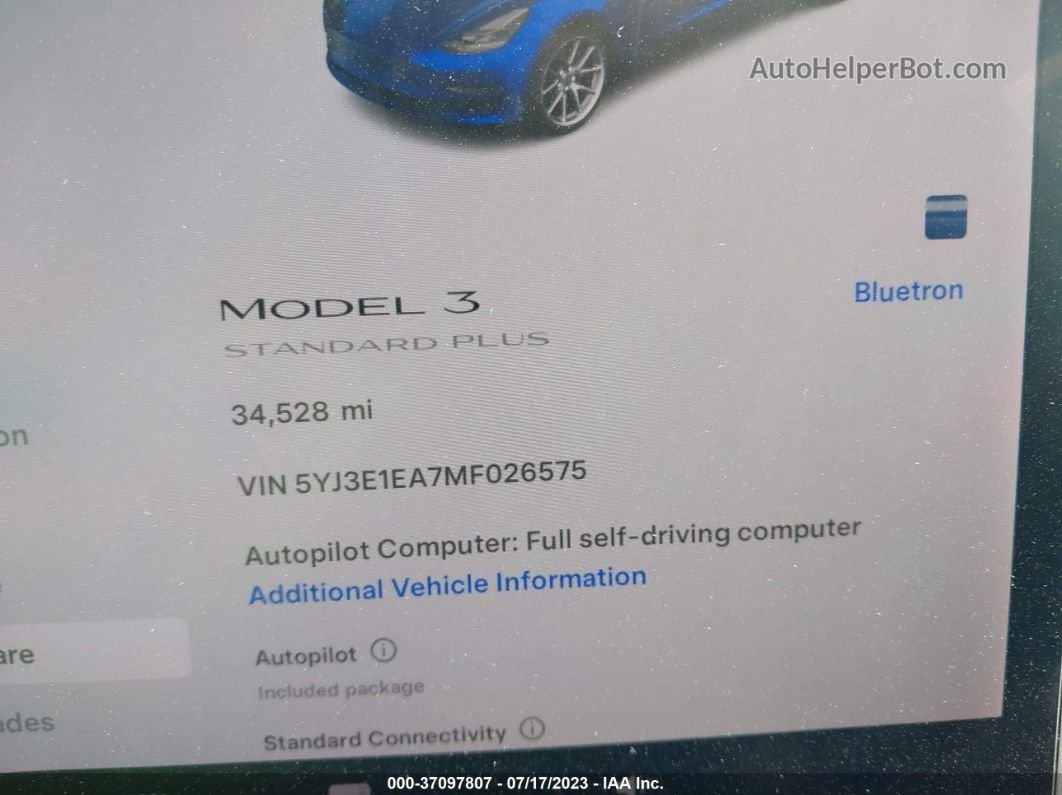 2021 Tesla Model 3 Standard Range Plus Blue vin: 5YJ3E1EA7MF026575