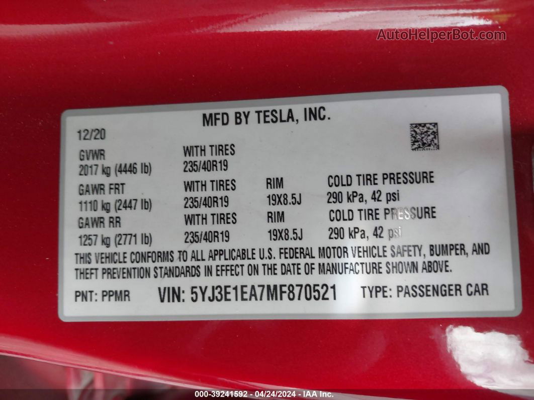 2021 Tesla Model 3 Standard Range Plus Rear-wheel Drive Red vin: 5YJ3E1EA7MF870521