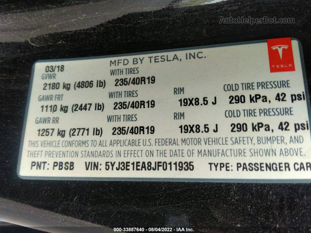 2018 Tesla Model 3 Range Battery Black vin: 5YJ3E1EA8JF011935