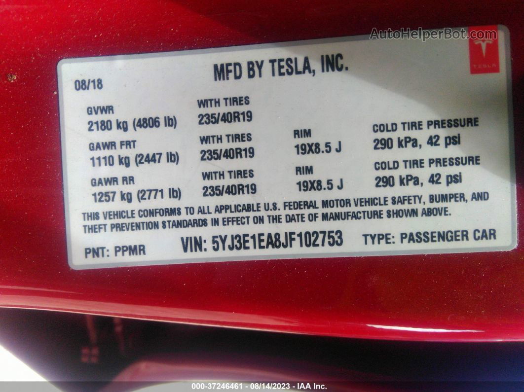 2018 Tesla Model 3 Range Battery Красный vin: 5YJ3E1EA8JF102753