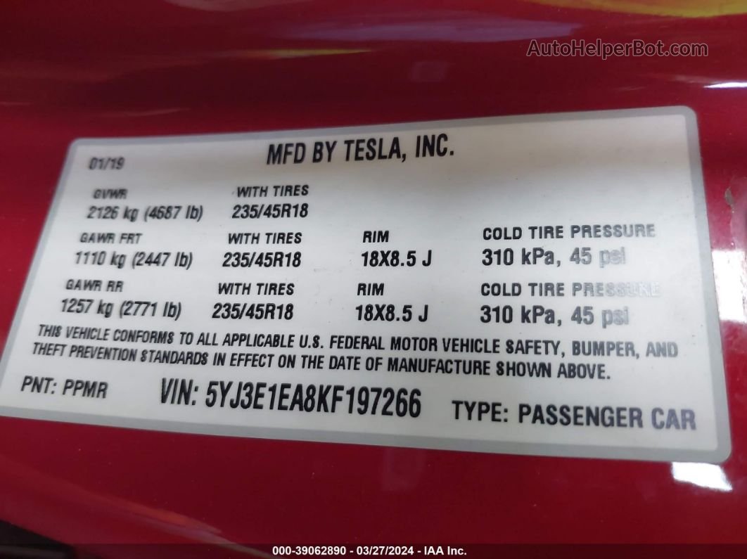 2019 Tesla Model 3 Long Range/mid Range/standard Range/standard Range Plus Бордовый vin: 5YJ3E1EA8KF197266