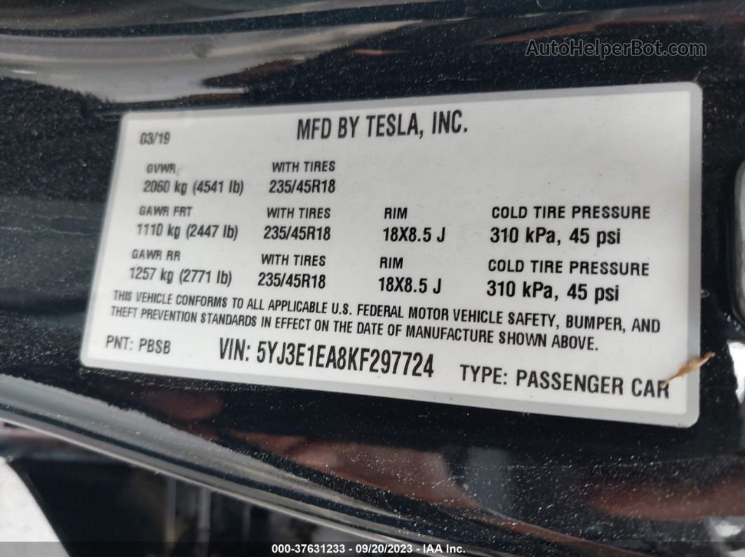 2019 Tesla Model 3 Mid Range/standard Range/standard Range Plus/long Range Черный vin: 5YJ3E1EA8KF297724
