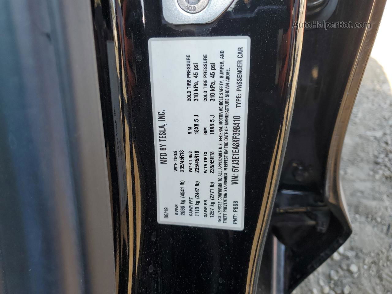 2019 Tesla Model 3  Black vin: 5YJ3E1EA8KF398410