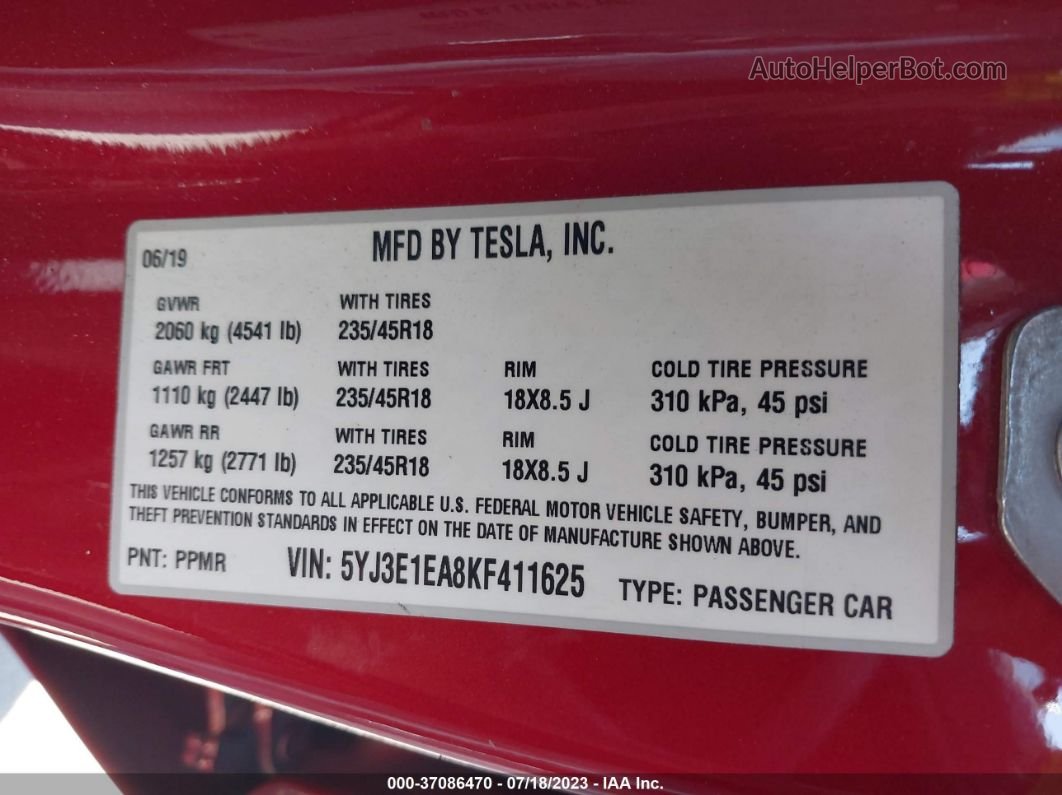2019 Tesla Model 3 Range Red vin: 5YJ3E1EA8KF411625