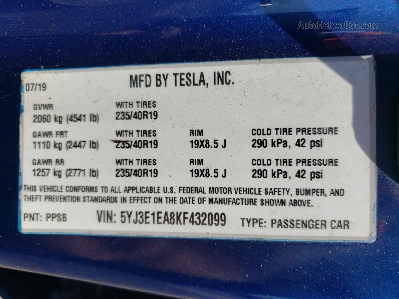 2019 Tesla Model 3  Blue vin: 5YJ3E1EA8KF432099