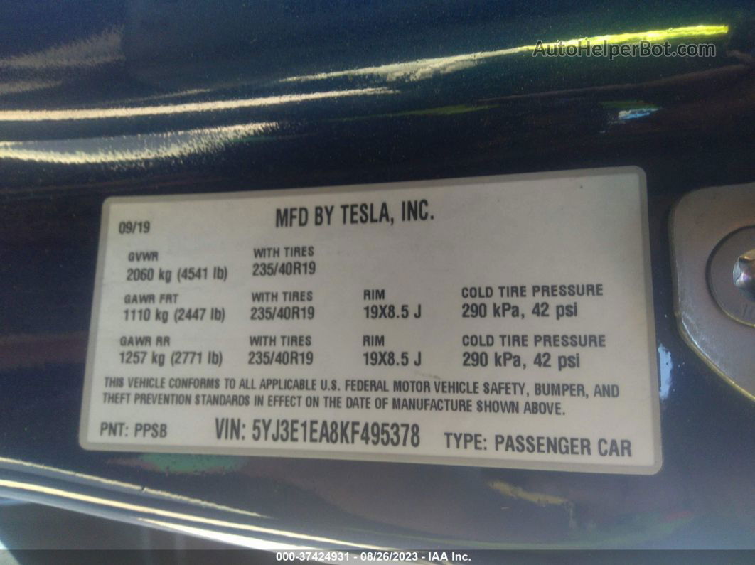 2019 Tesla Model 3 Range Синий vin: 5YJ3E1EA8KF495378