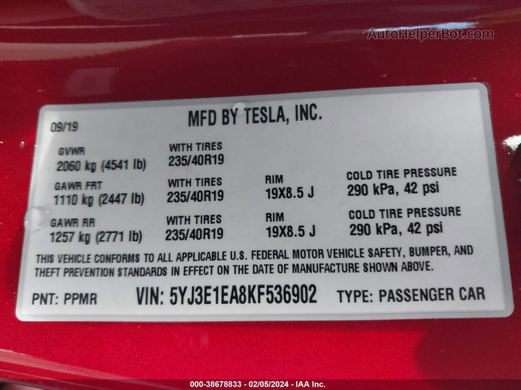 2019 Tesla Model 3 Long Range/mid Range/standard Range/standard Range Plus Red vin: 5YJ3E1EA8KF536902