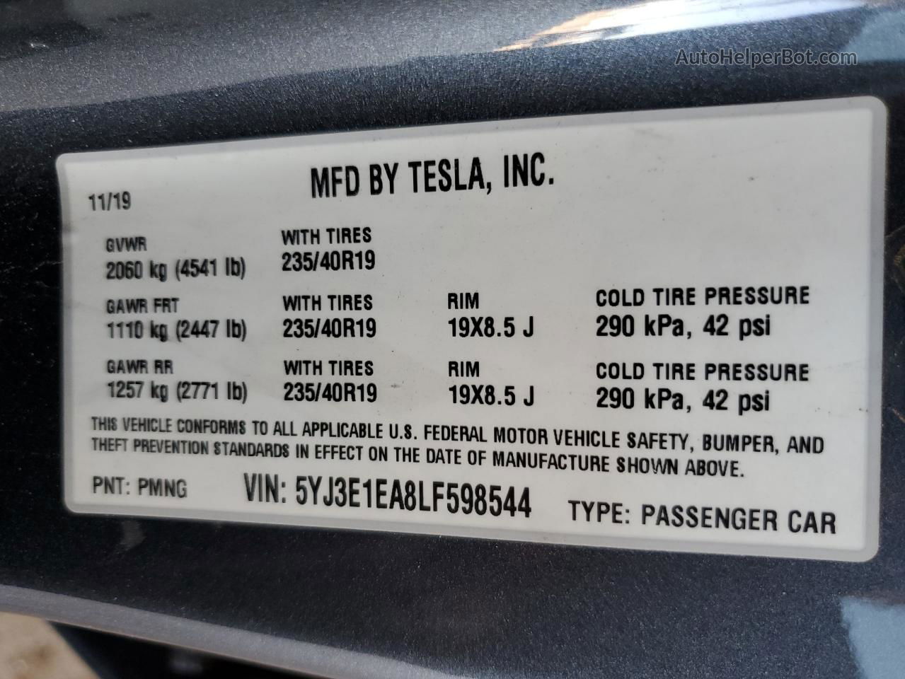 2020 Tesla Model 3  Серый vin: 5YJ3E1EA8LF598544