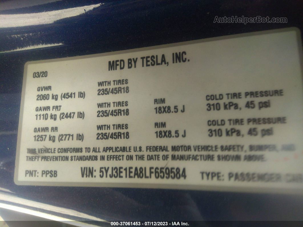 2020 Tesla Model 3 Standard Range Blue vin: 5YJ3E1EA8LF659584