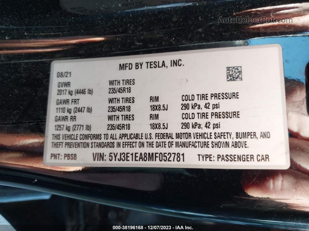 2021 Tesla Model 3 Standard Range Plus Rear-wheel Drive Black vin: 5YJ3E1EA8MF052781