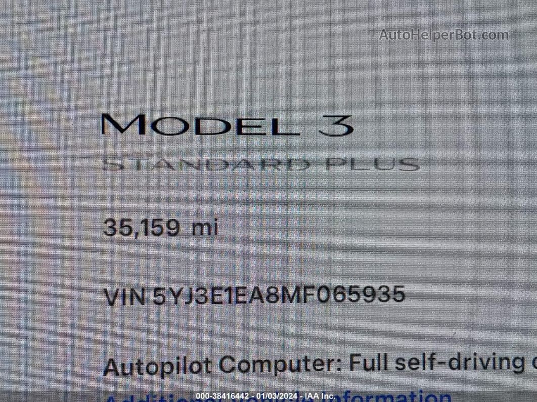2021 Tesla Model 3 Standard Range Plus Rear-wheel Drive Белый vin: 5YJ3E1EA8MF065935