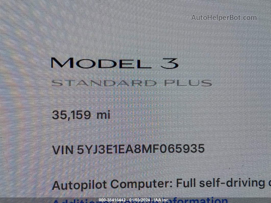 2021 Tesla Model 3 Standard Range Plus Rear-wheel Drive White vin: 5YJ3E1EA8MF065935