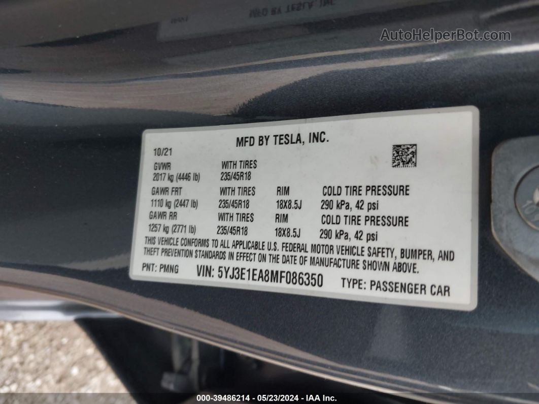 2021 Tesla Model 3 Standard Range Plus Rear-wheel Drive Серый vin: 5YJ3E1EA8MF086350