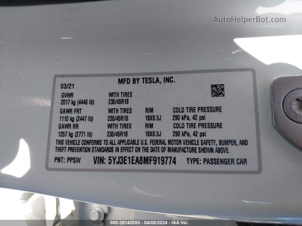 2021 Tesla Model 3 Standard Range Plus Rear-wheel Drive Белый vin: 5YJ3E1EA8MF919774