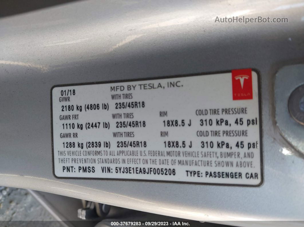 2018 Tesla Model 3 Range Battery Silver vin: 5YJ3E1EA9JF005206