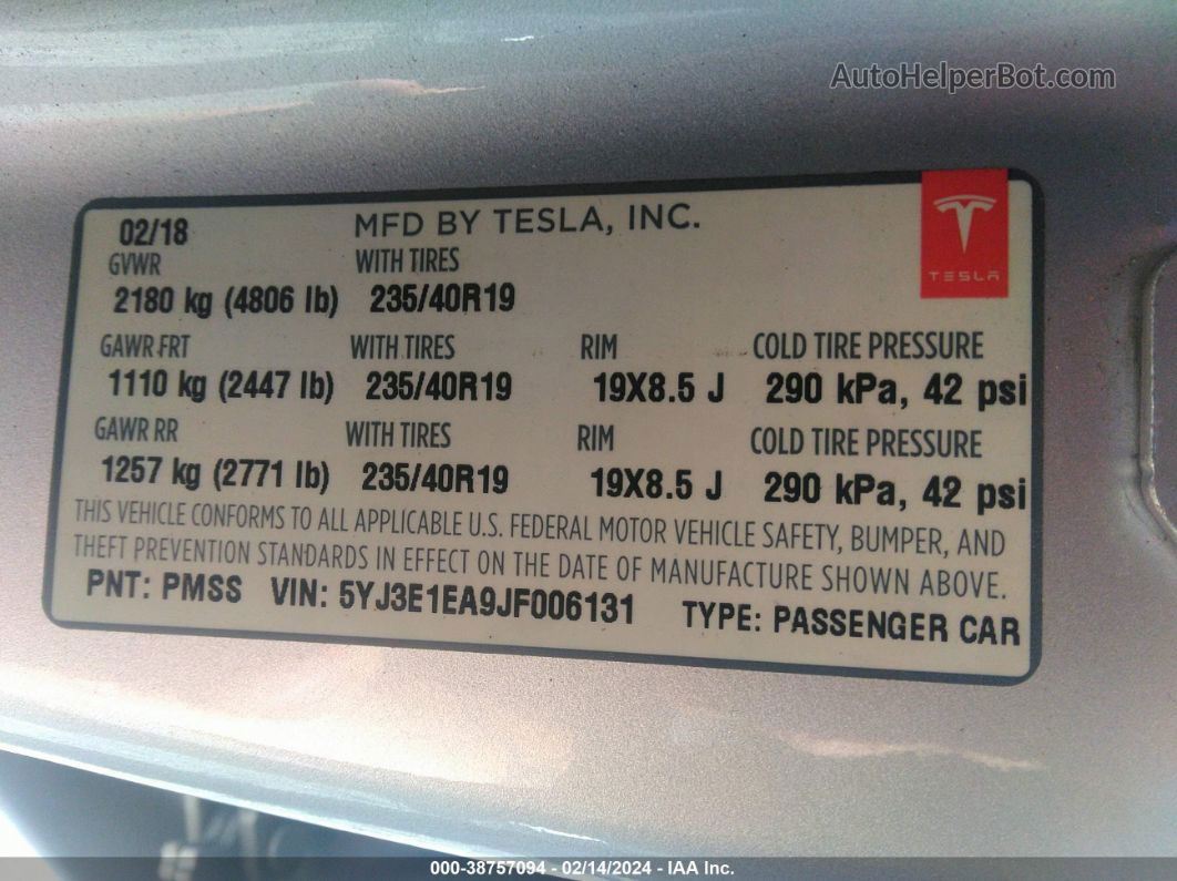 2018 Tesla Model 3 Long Range/mid Range Серый vin: 5YJ3E1EA9JF006131