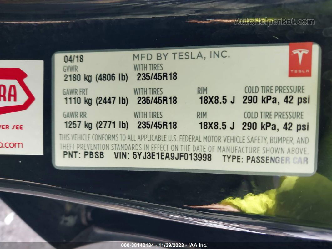 2018 Tesla Model 3 Mid Range/long Range Черный vin: 5YJ3E1EA9JF013998